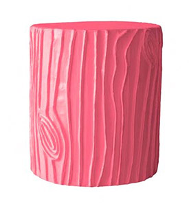 The fun Stump Stool by Stray Dog Designs shown in pink.  This and more Stray Dog furniture are offered at Delicious Designs in Hingham, MA.